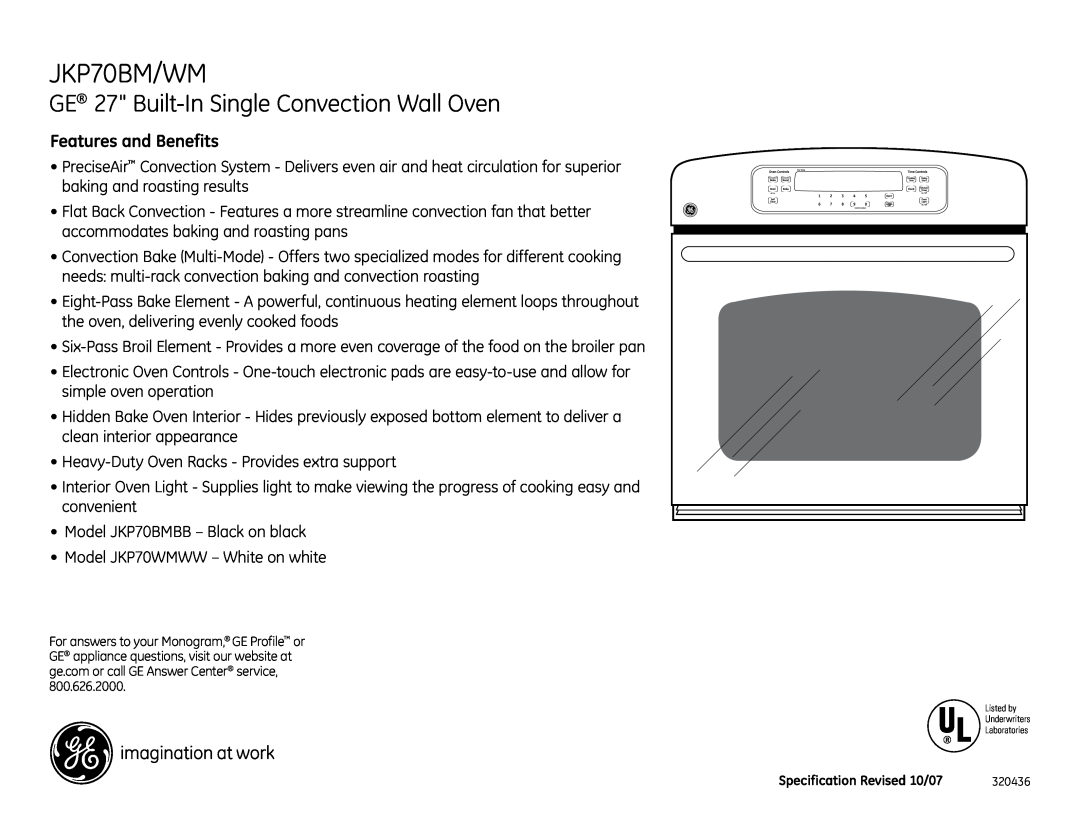 GE JKP70WM dimensions JKP70BM/WM, GE 27 Built-InSingle Convection Wall Oven, Features and Benefits 