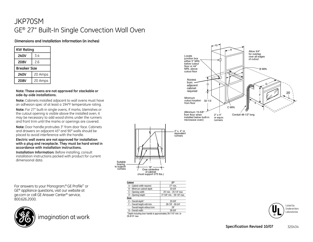 GE JKP70SMSS dimensions Cabinet, Oven 