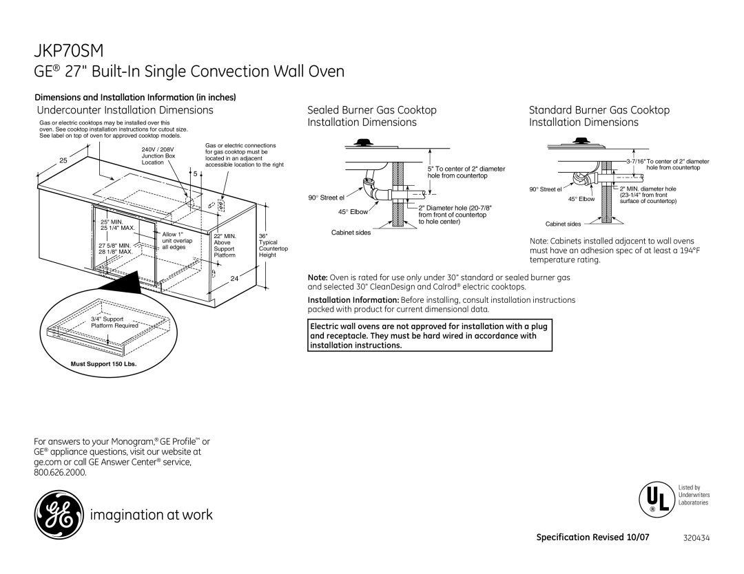 GE JKP70SMSS dimensions Undercounter Installation Dimensions, Sealed Burner Gas Cooktop 