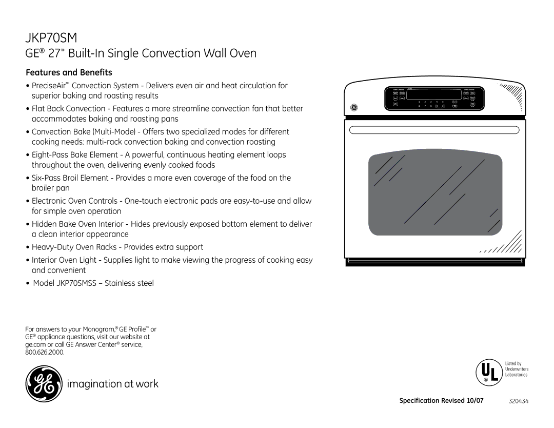 GE JKP70SMSS dimensions Features and Benefits 