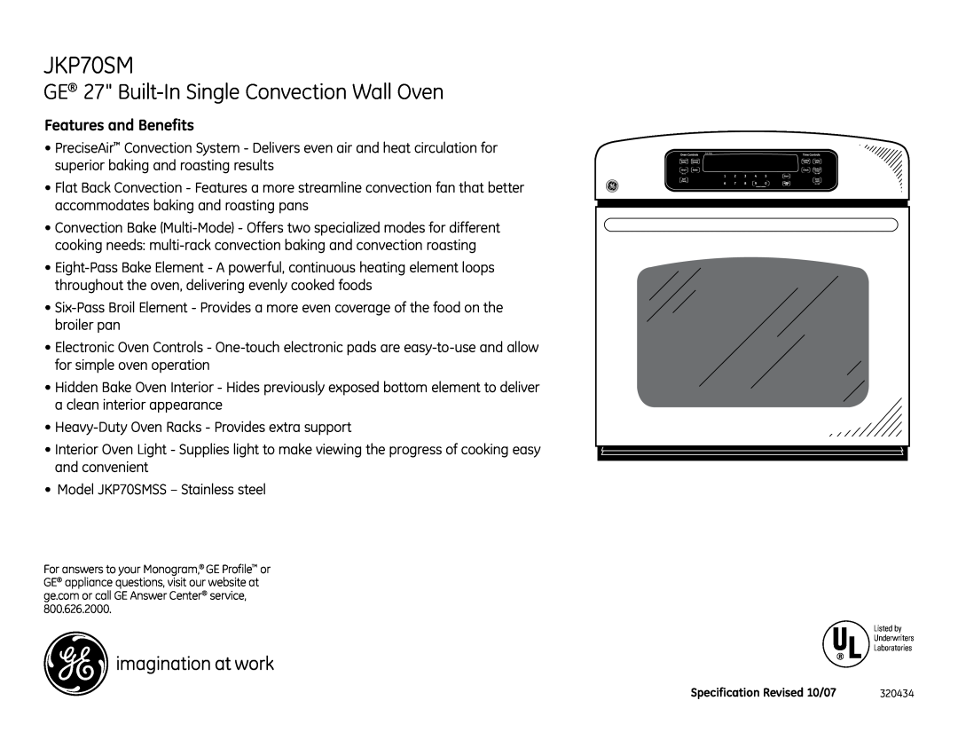 GE JKP70SMSS dimensions GE 27 Built-In Single Convection Wall Oven, Features and Benefits 