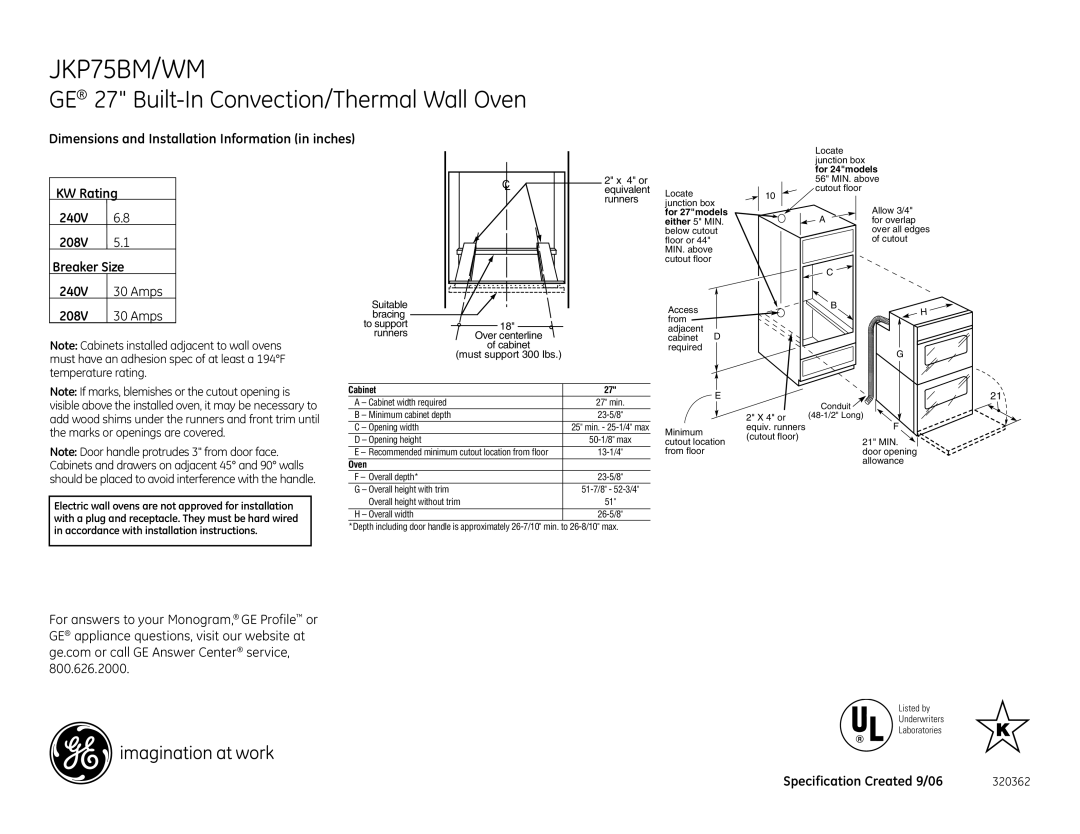 GE JKP75BMBB installation instructions JKP75BM/WM, GE 27 Built-In Convection/Thermal Wall Oven, 320362 