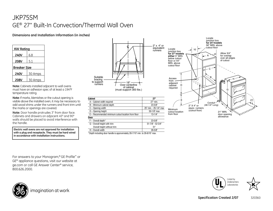 GE JKP75SM dimensions GE 27 Built-In Convection/Thermal Wall Oven, Marks or openings are covered, 320360 