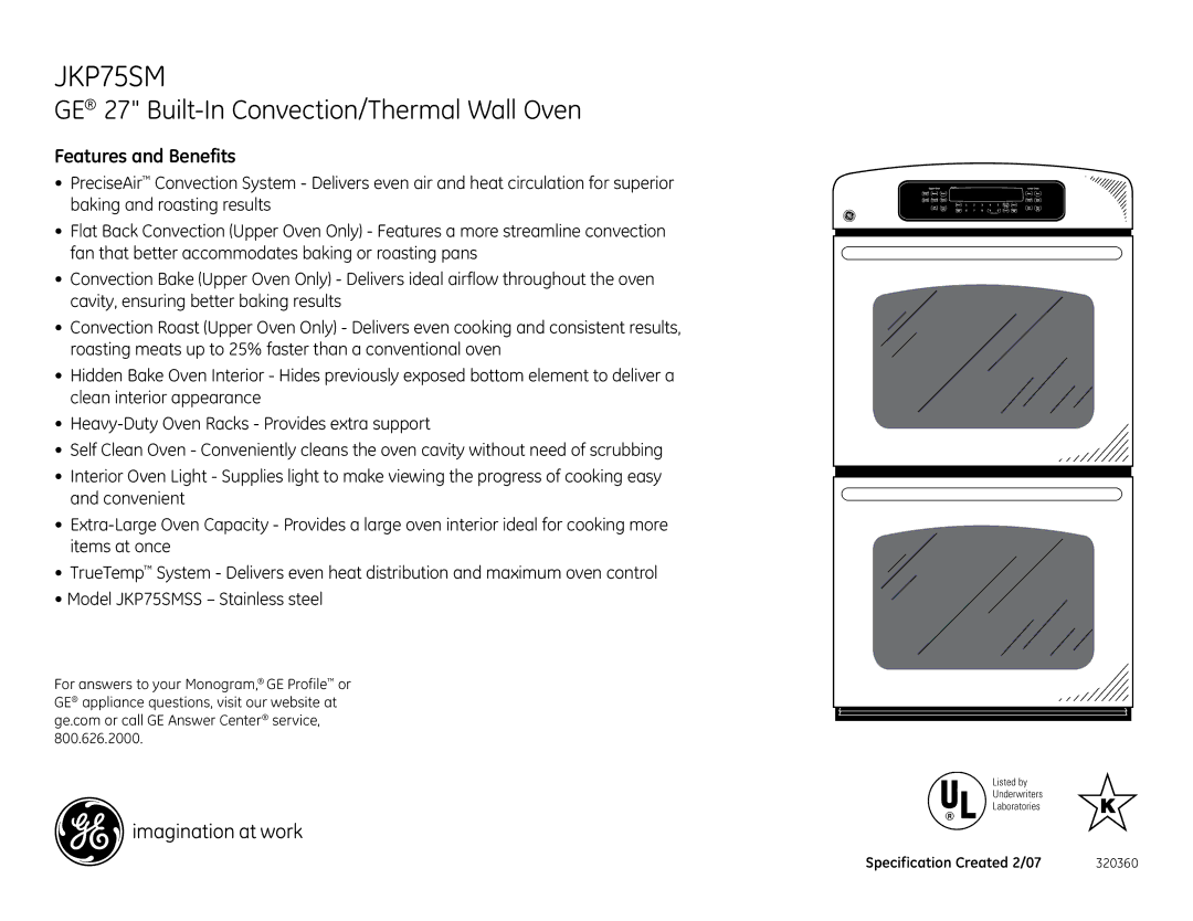 GE JKP75SM dimensions Features and Benefits 