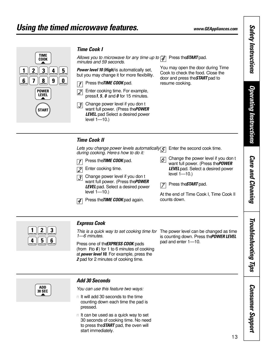 GE JTP85, JKP85 Using the timed microwave features, Troubleshooting Tips, Time Cook, Express Cook, Add 30 Seconds 