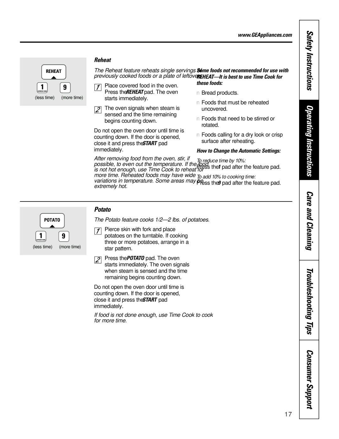 GE JTP85, JKP85 owner manual Potato, Reheat, How to Change the Automatic Settings 