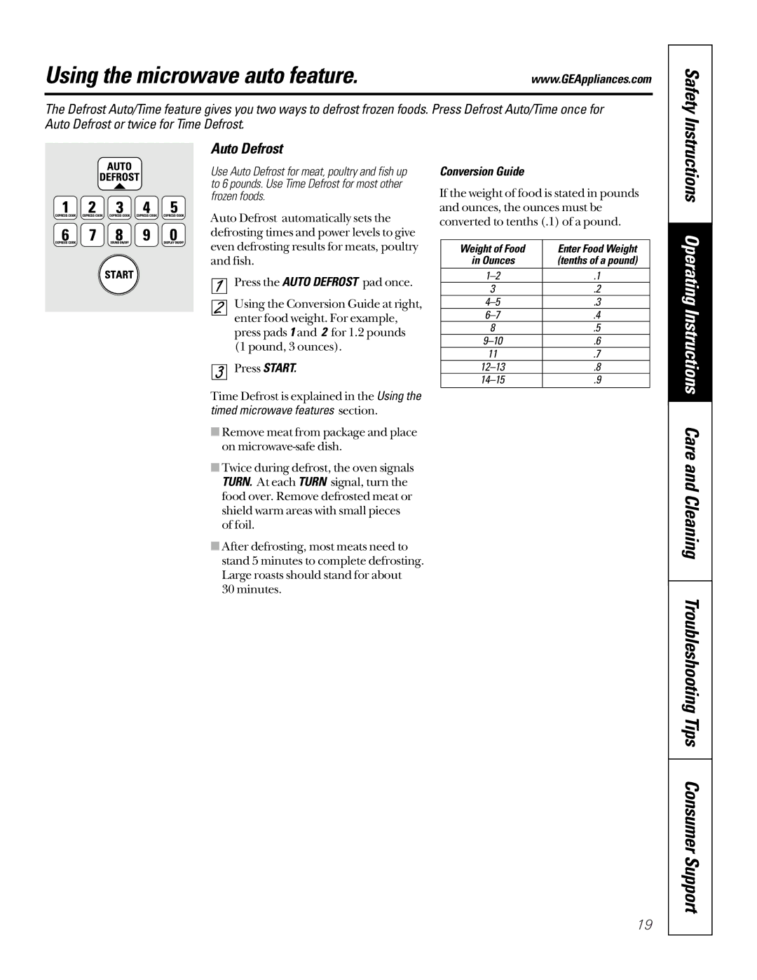 GE JTP85, JKP85 owner manual Using the microwave auto feature, Auto Defrost, Conversion Guide 