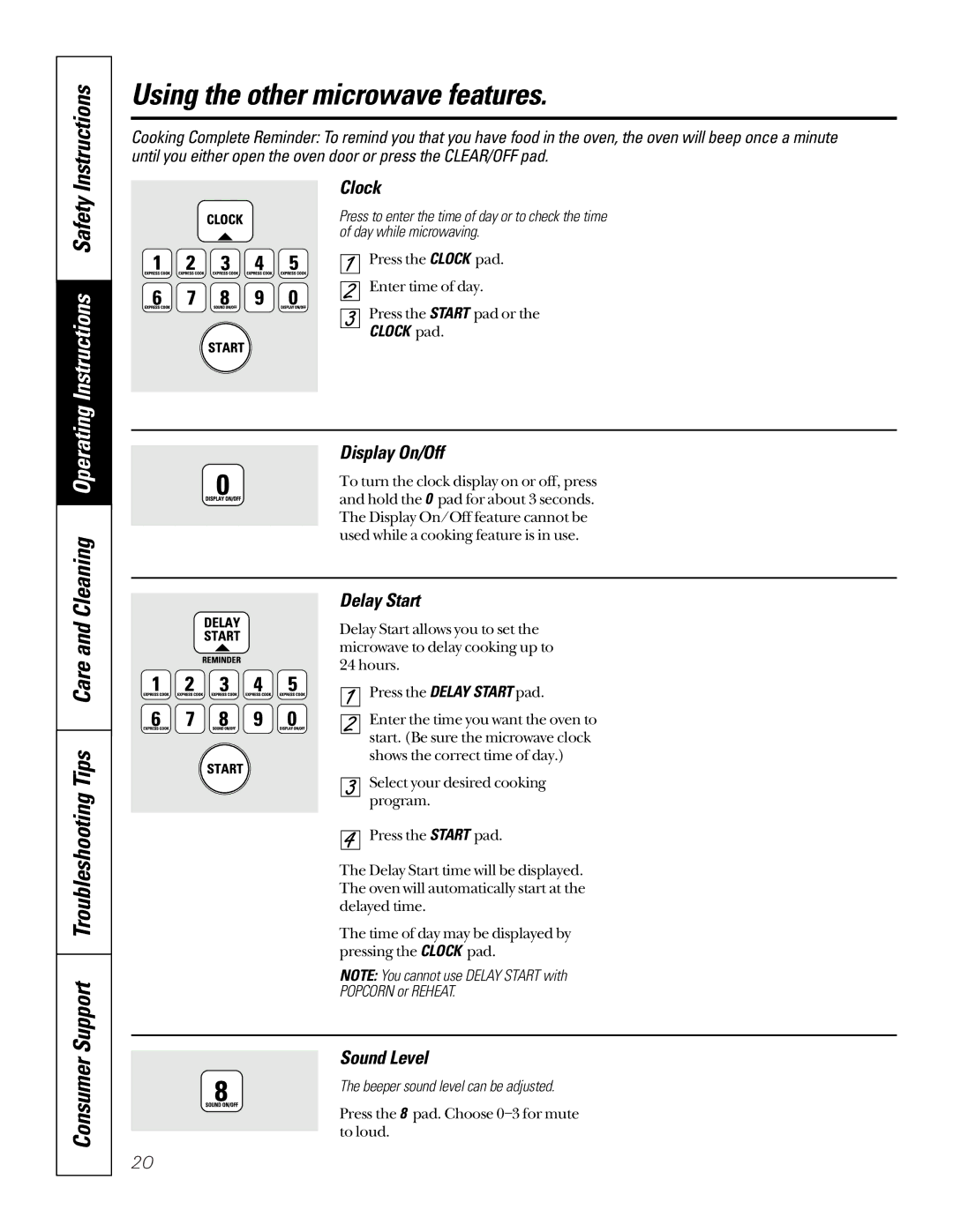 GE JKP85, JTP85 owner manual Using the other microwave features, Clock, Display On/Off, Delay Start, Sound Level 