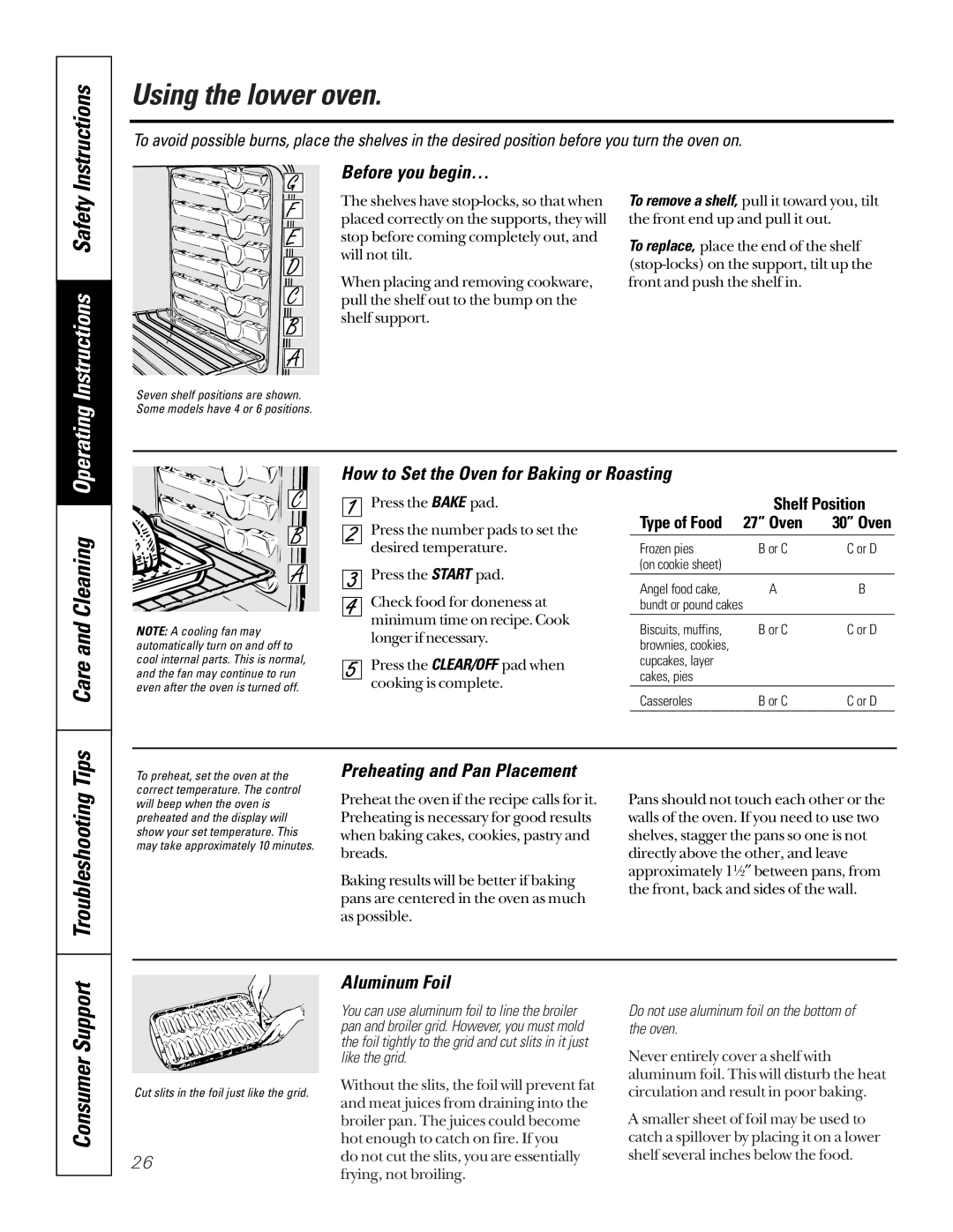 GE JKP85 Using the lower oven, Before you begin…, How to Set the Oven for Baking or Roasting, Preheating and Pan Placement 