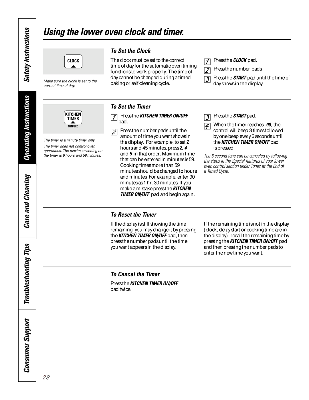 GE JKP85 Using the lower oven clock and timer, To Set the Clock, To Set the Timer, To Reset the Timer, To Cancel the Timer 