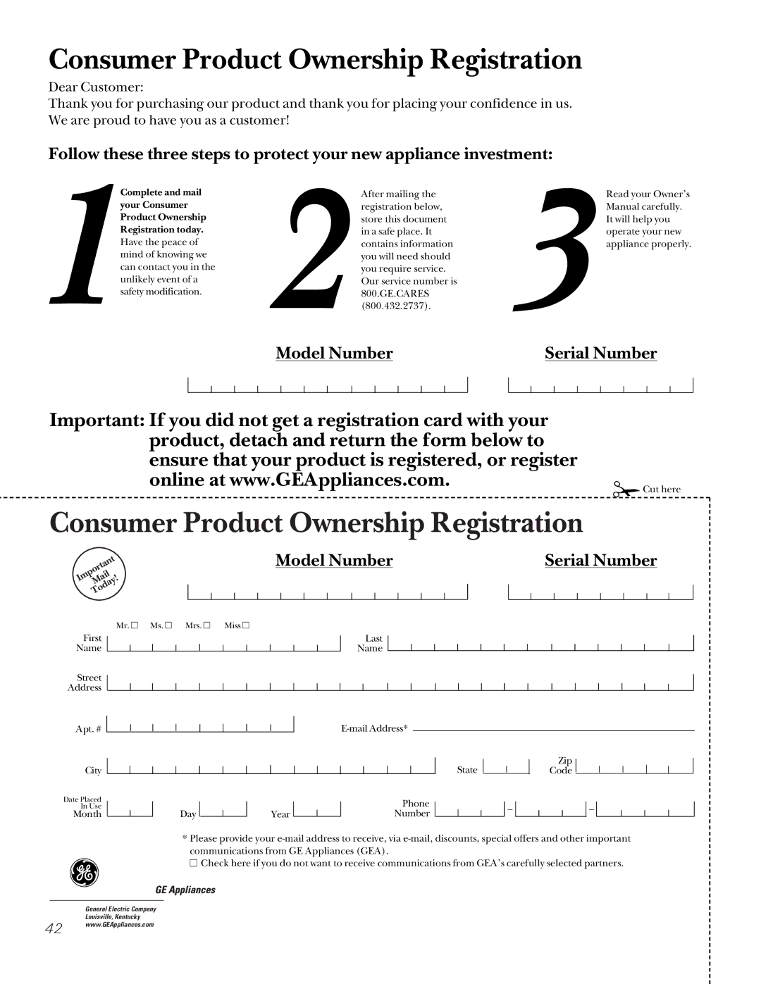 GE JKP85, JTP85 owner manual Consumer Product Ownership Registration 