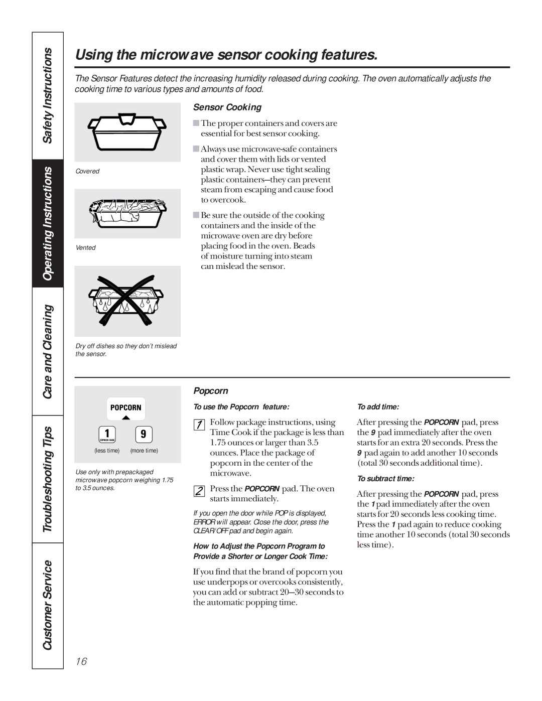 GE JKP85 Using the microwave sensor cooking features, Cleaning Operating Instructions Safety Instructions, Sensor Cooking 