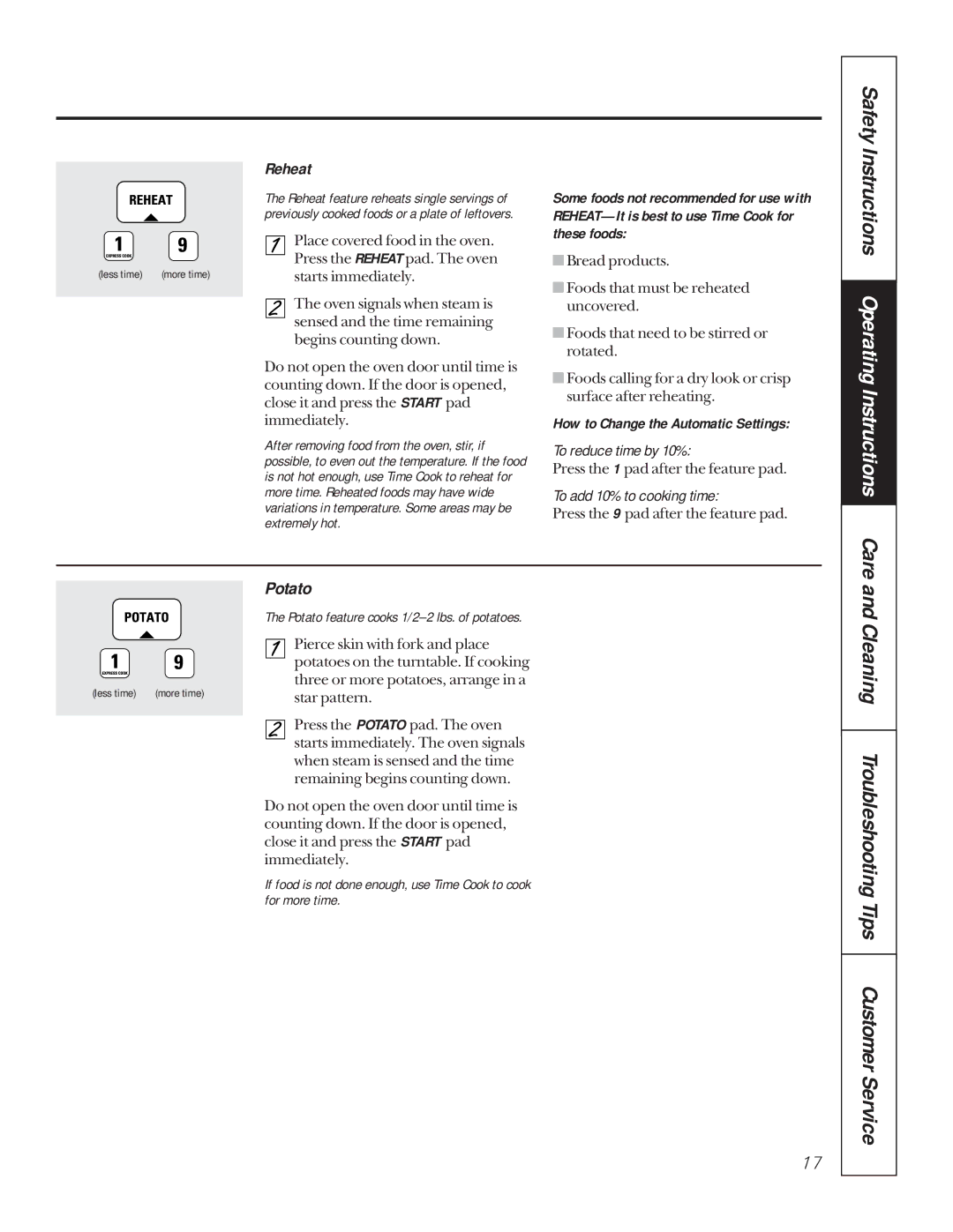 GE JTP85, JKP85 manual Potato, Reheat, How to Change the Automatic Settings 