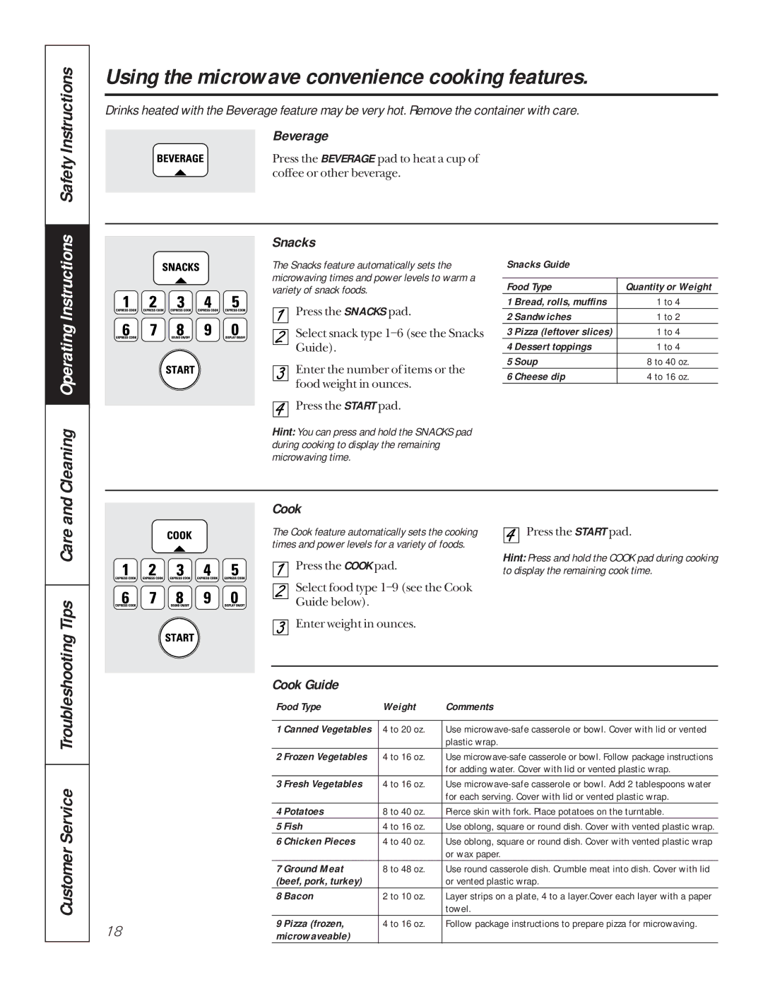 GE JKP85, JTP85 manual Using the microwave convenience cooking features, Safety Instructions, Cleaning, Tips Care 