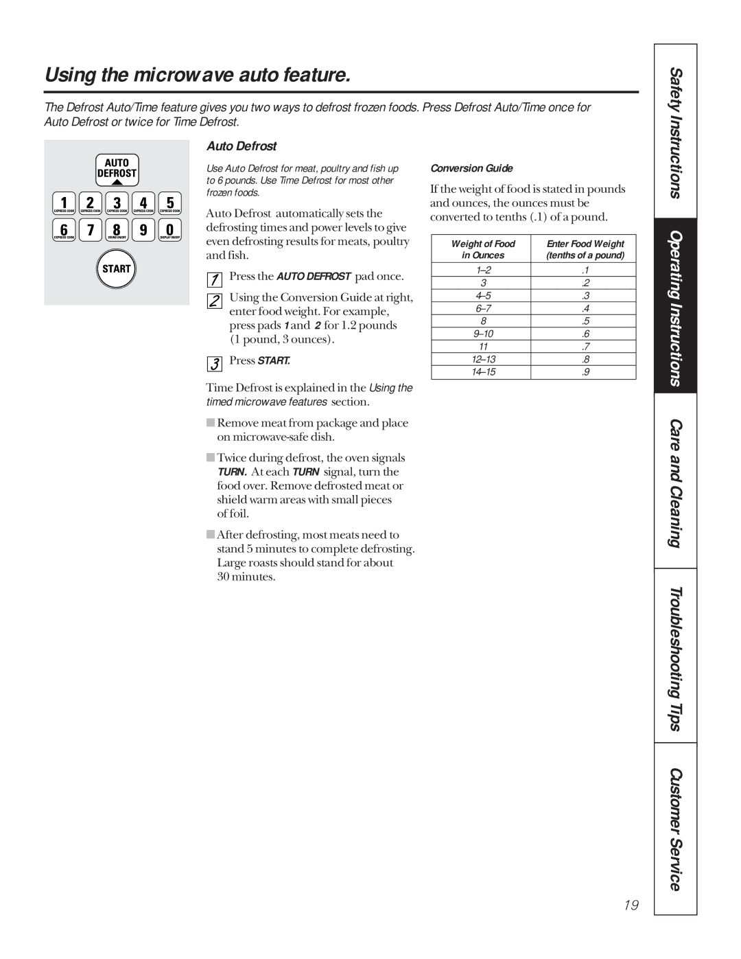 GE JTP85, JKP85 manual Using the microwave auto feature, Auto Defrost, Conversion Guide 