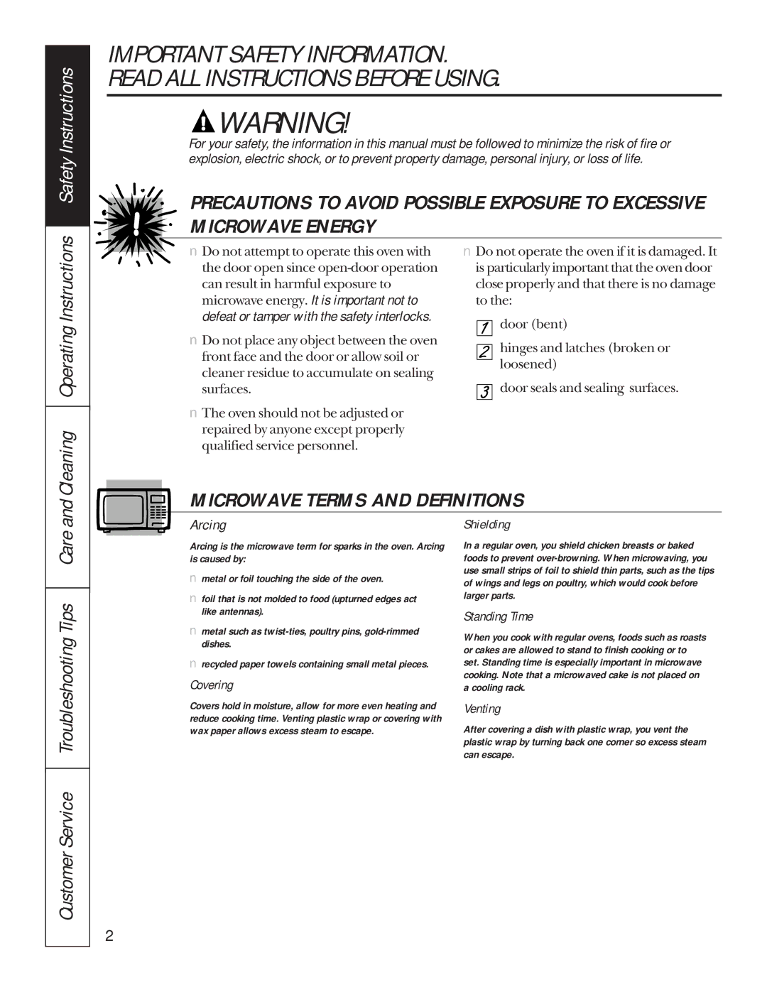 GE JKP85 Microwave Terms and Definitions, Customer Service Troubleshooting Tips Care, Cleaning Operating Instructions 