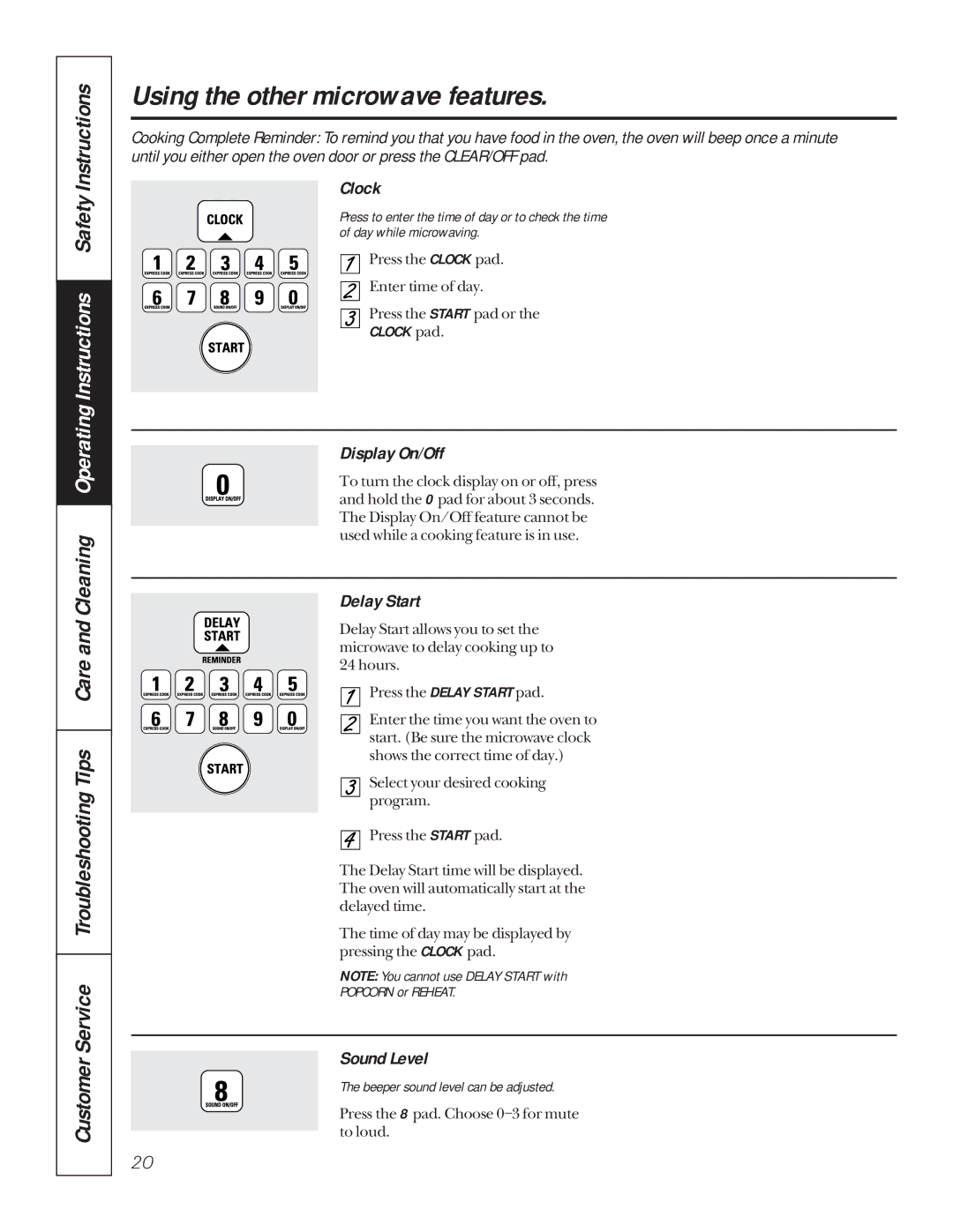 GE JKP85, JTP85 manual Using the other microwave features, Clock, Display On/Off, Delay Start, Sound Level 