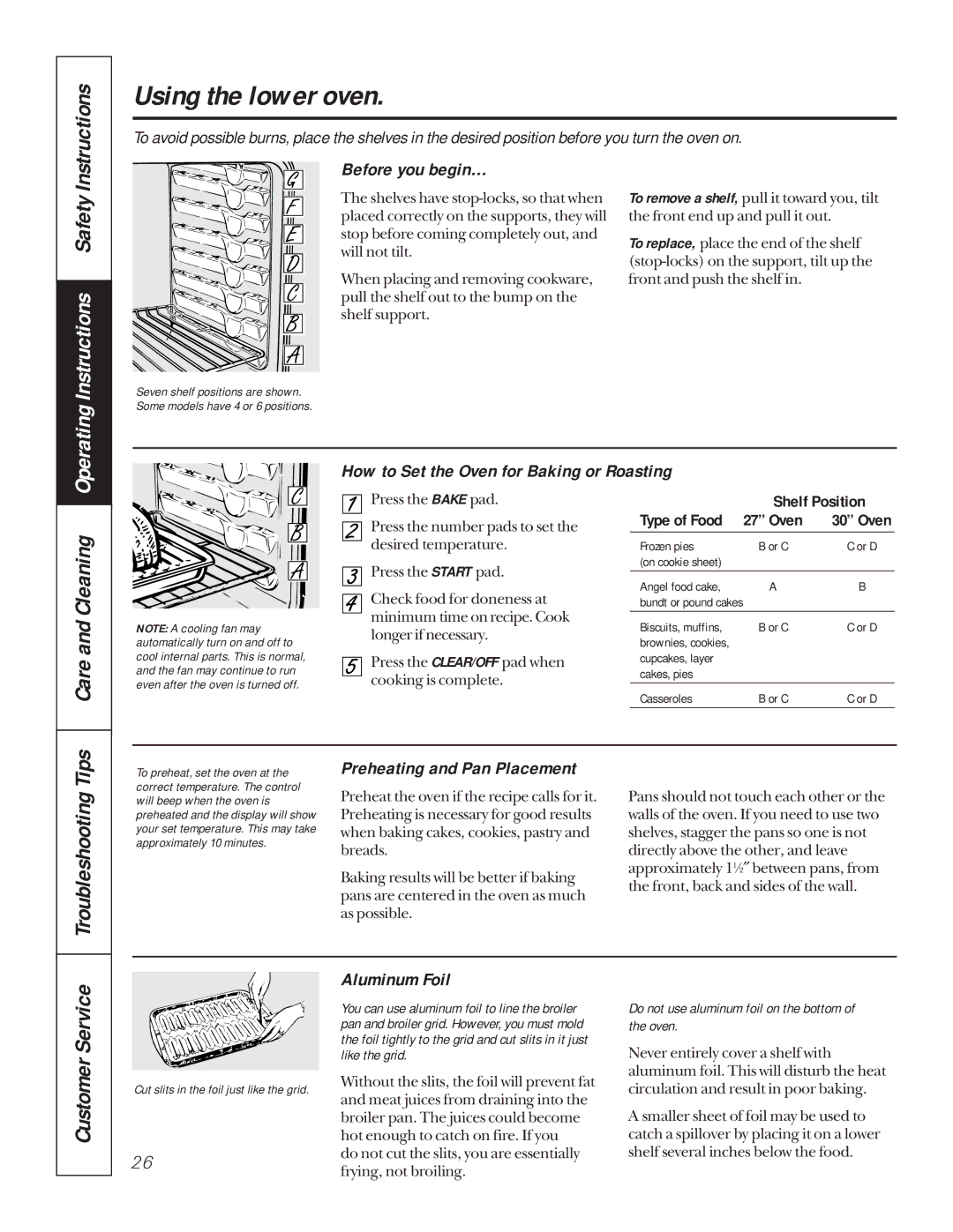 GE JKP85 Using the lower oven, Before you begin…, How to Set the Oven for Baking or Roasting, Preheating and Pan Placement 