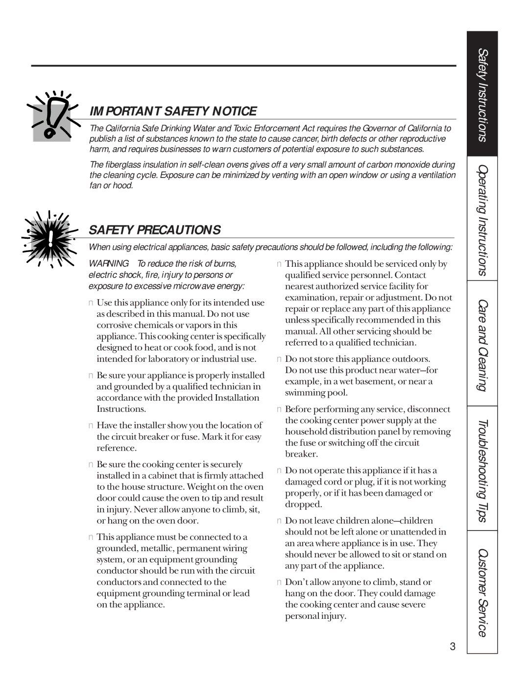 GE JTP85, JKP85 manual Important Safety Notice, Safety Precautions, Safety Instructions Operating Instructions 