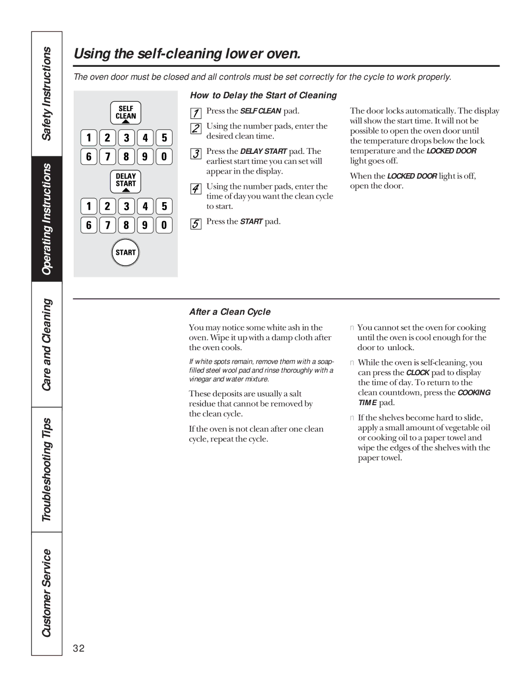 GE JKP85 Customer Service Troubleshooting Tips Care and Cleaning, After a Clean Cycle, How to Delay the Start of Cleaning 