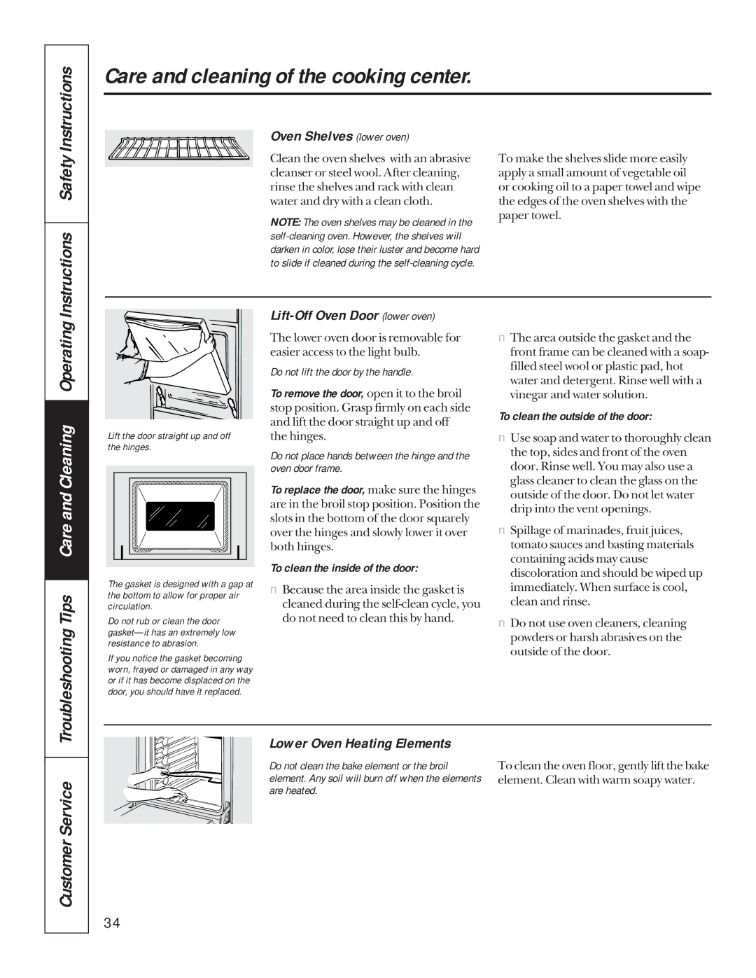 GE JKP85, JTP85 Instructions Safety, Oven Shelves lower oven, Lift-Off Oven Door lower oven, Lower Oven Heating Elements 