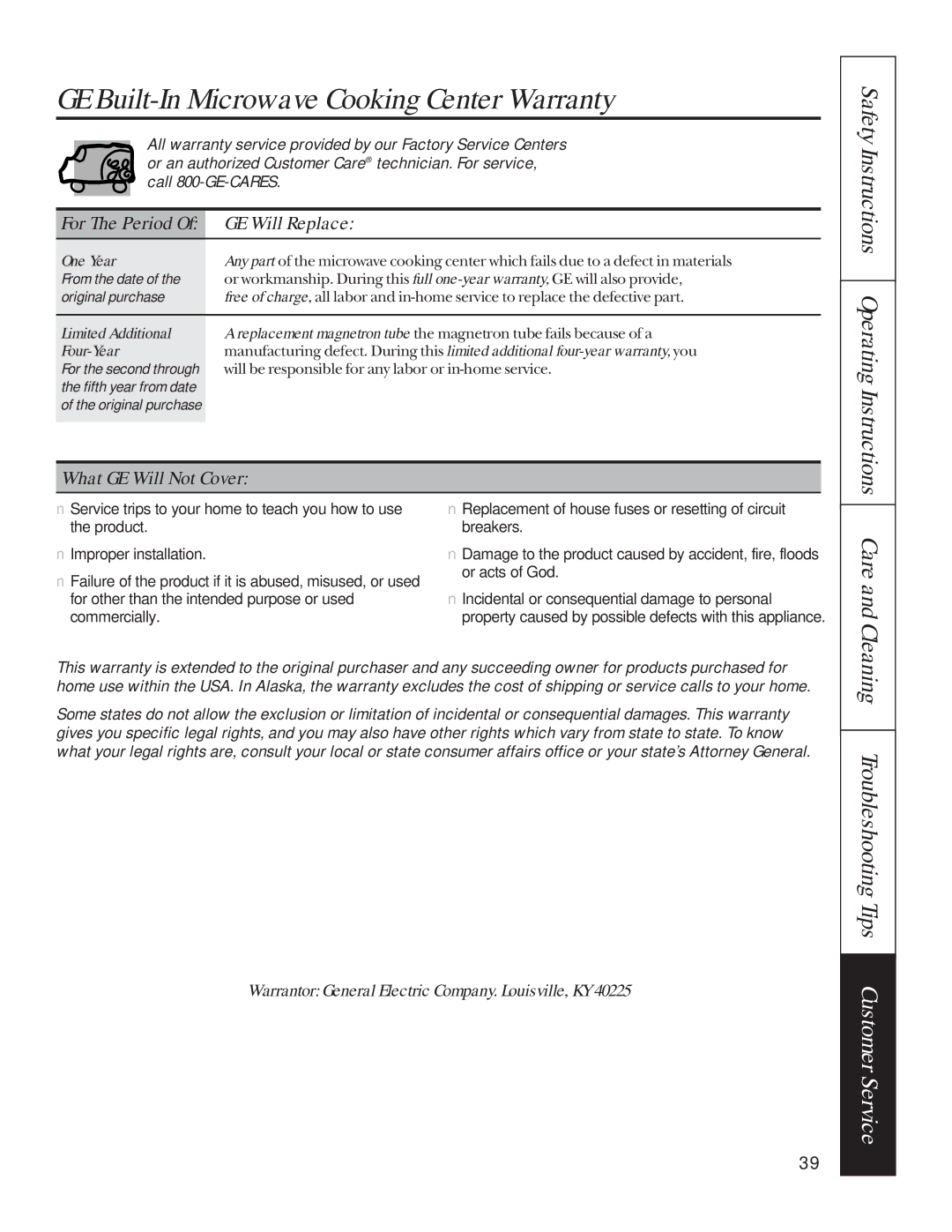 GE JTP85, JKP85 manual GE Built-In Microwave Cooking Center Warranty, GE Will Replace, What GE Will Not Cover 