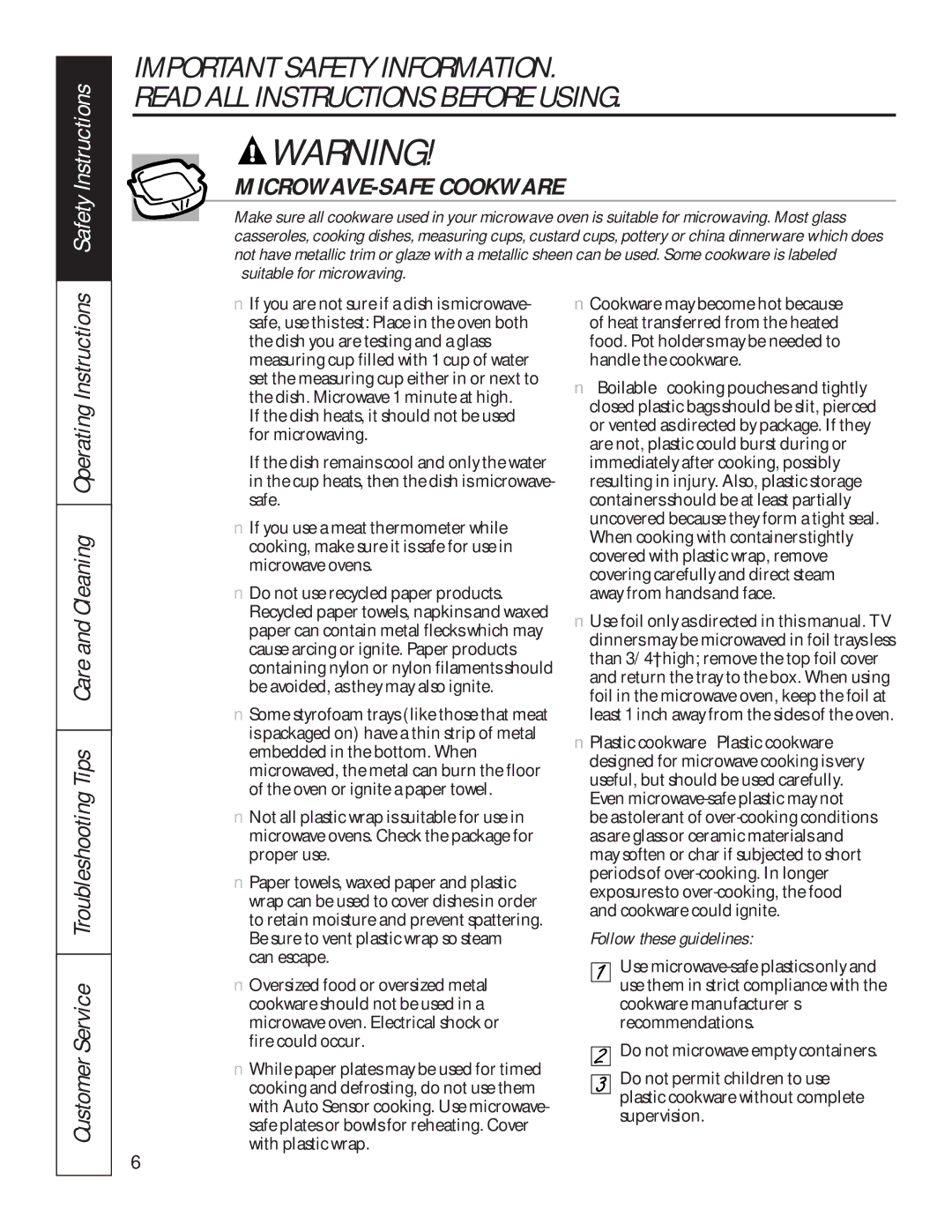 GE JKP85, JTP85 manual MICROWAVE-SAFE Cookware, Follow these guidelines 