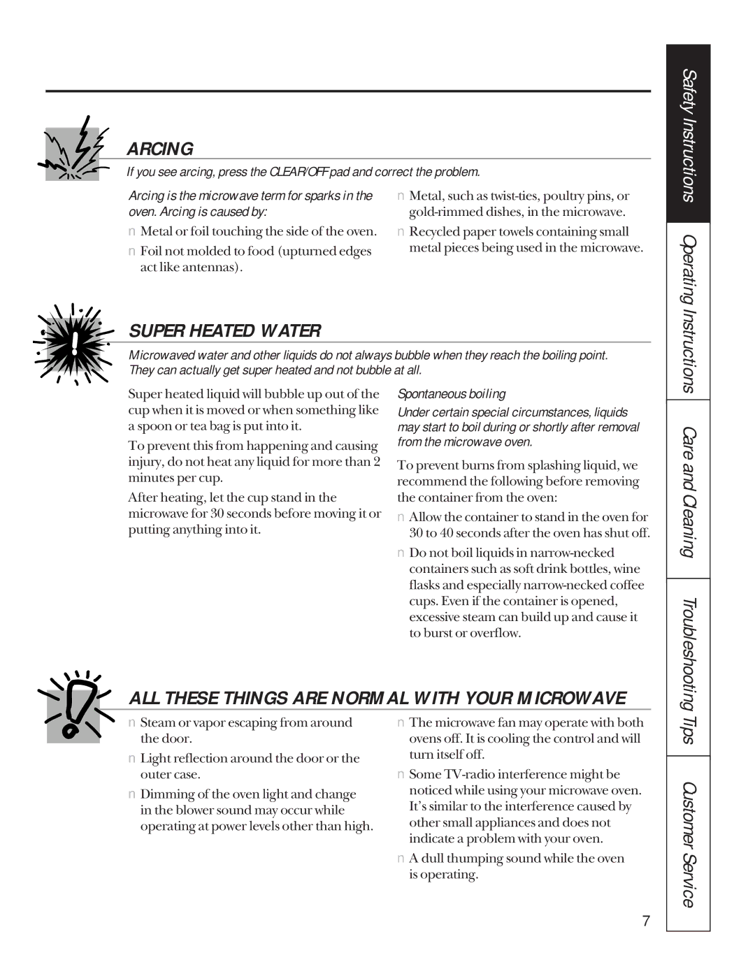 GE JTP85, JKP85 manual Arcing, Super Heated Water, Tips Customer Service, Care and Cleaning Troubleshooting 