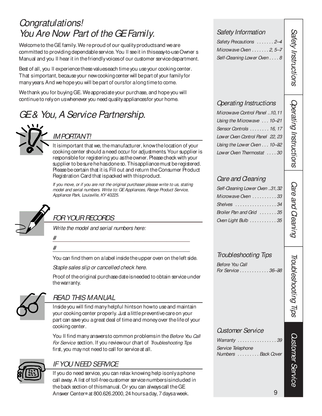 GE JTP85, JKP85 Congratulations You Are Now Part of the GE Family, GE & You, a Service Partnership, Operating Instructions 