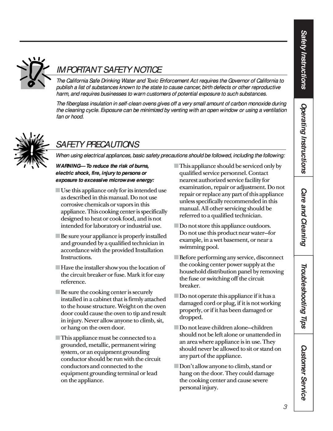 GE JTP85, JKP85 manual Important Safety Notice, Safety Precautions, Safety Instructions Operating Instructions 