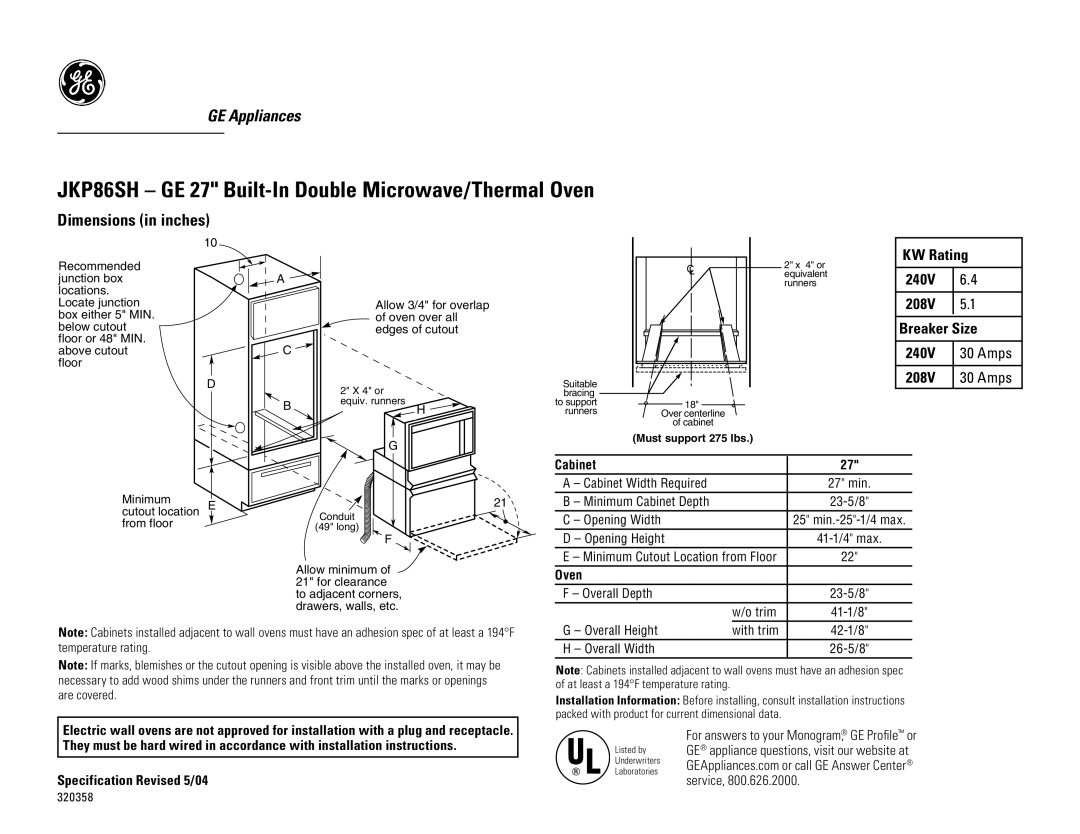 GE dimensions JKP86SH GE 27 Built-In Double Microwave/Thermal Oven, Dimensions in inches, Cabinet 