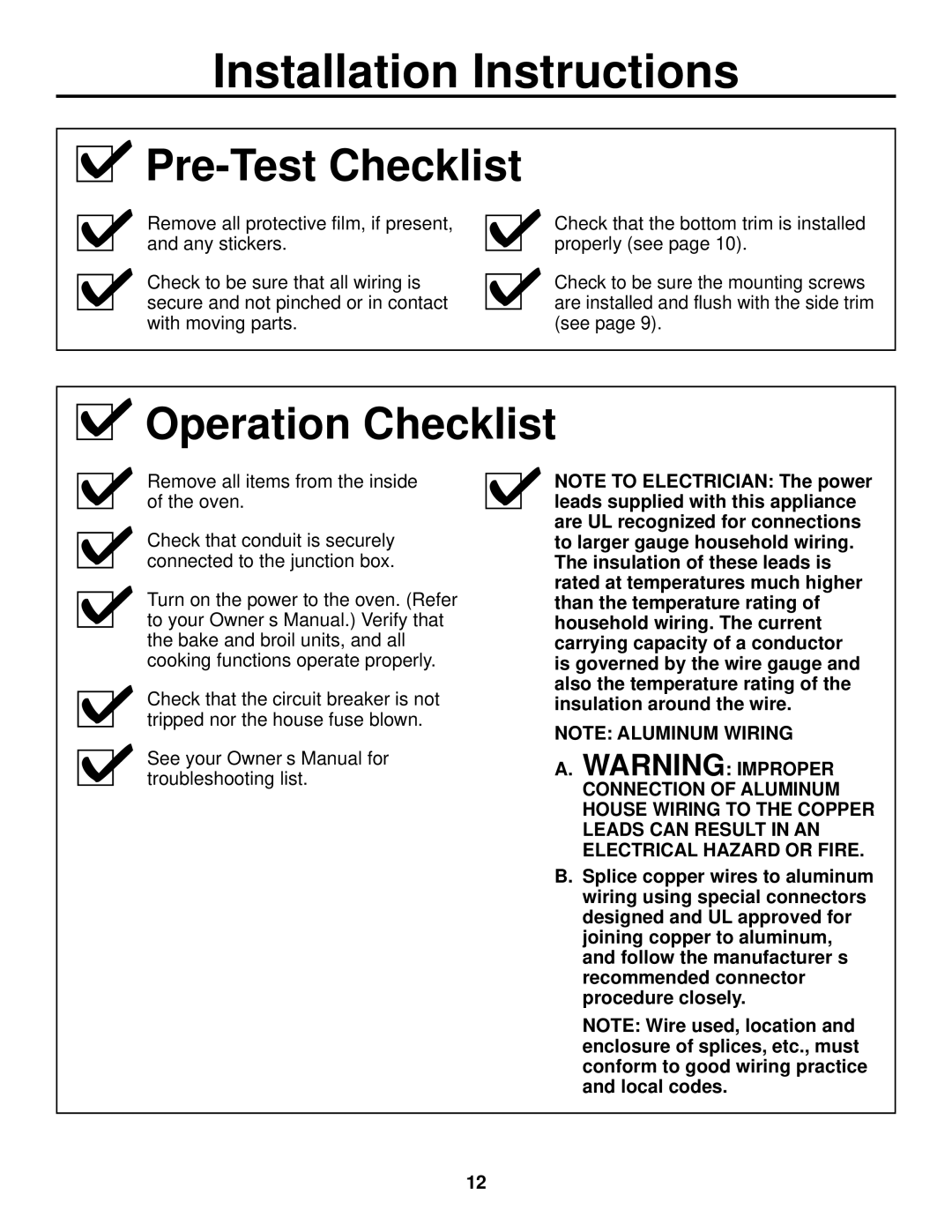 GE JKP90, JTP90 installation instructions Operation Checklist, Pre-Test Checklist 