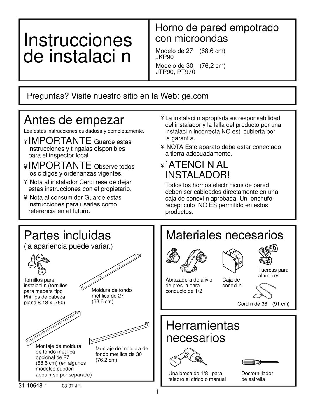 GE JTP90, JKP90 installation instructions Antes de empezar, Partes incluidas, Materiales necesarios, Herramientas necesarios 