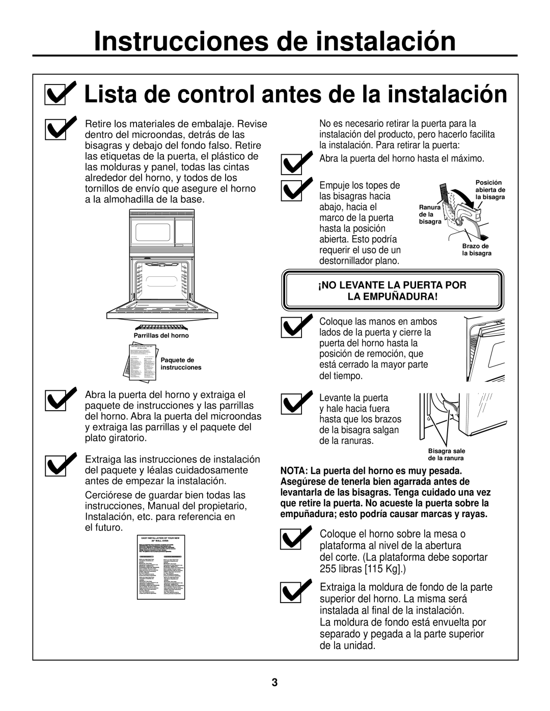 GE JTP90, JKP90 installation instructions Lista de control antes de la instalación 