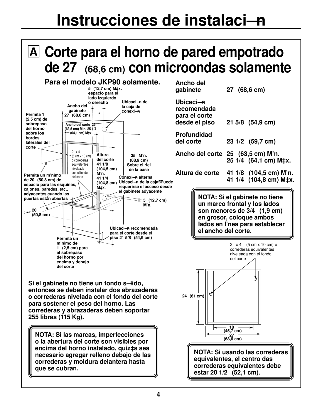 GE JTP90 installation instructions Para el modelo JKP90 solamente, Ancho del 