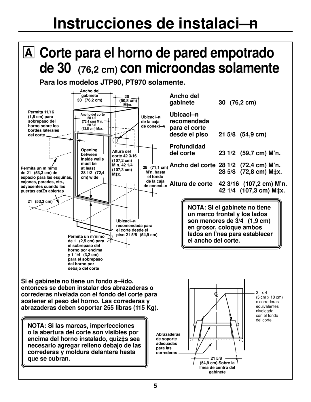 GE JKP90 installation instructions Para los modelos JTP90, PT970 solamente, Ancho del Gabinete 30 76,2 cm 