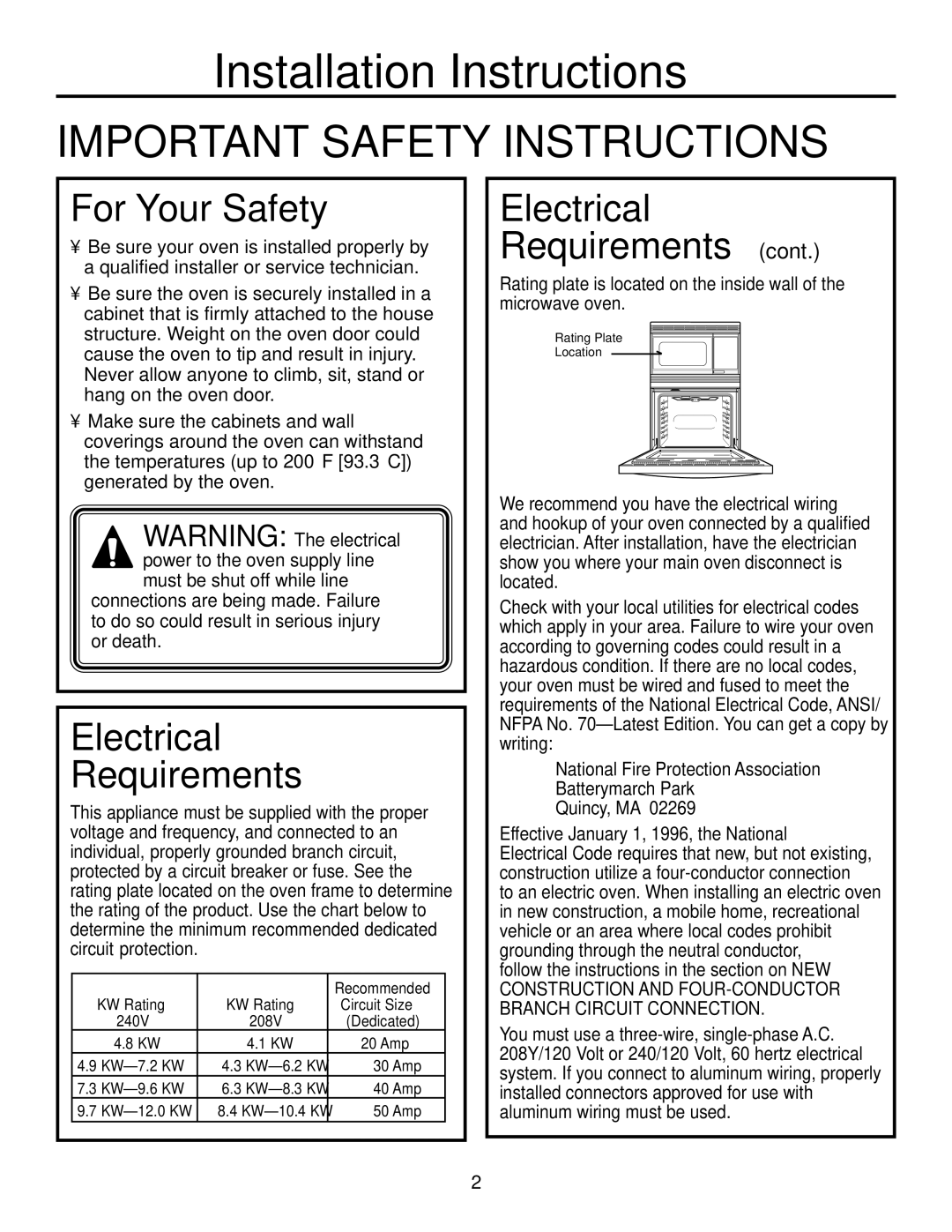 GE JKP90, JTP90 installation instructions For Your Safety, Electrical Requirements 