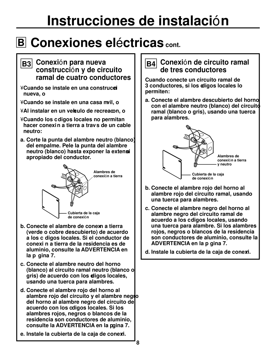 GE JKP90, JTP90 installation instructions B4 Conexión de circuito ramal de tres conductores 