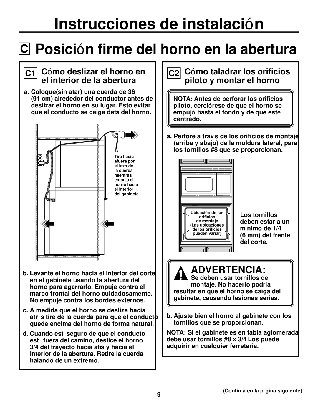 GE JTP90, JKP90 Posición firme del horno en la abertura, C1 Cómo deslizar el horno en el interior de la abertura 