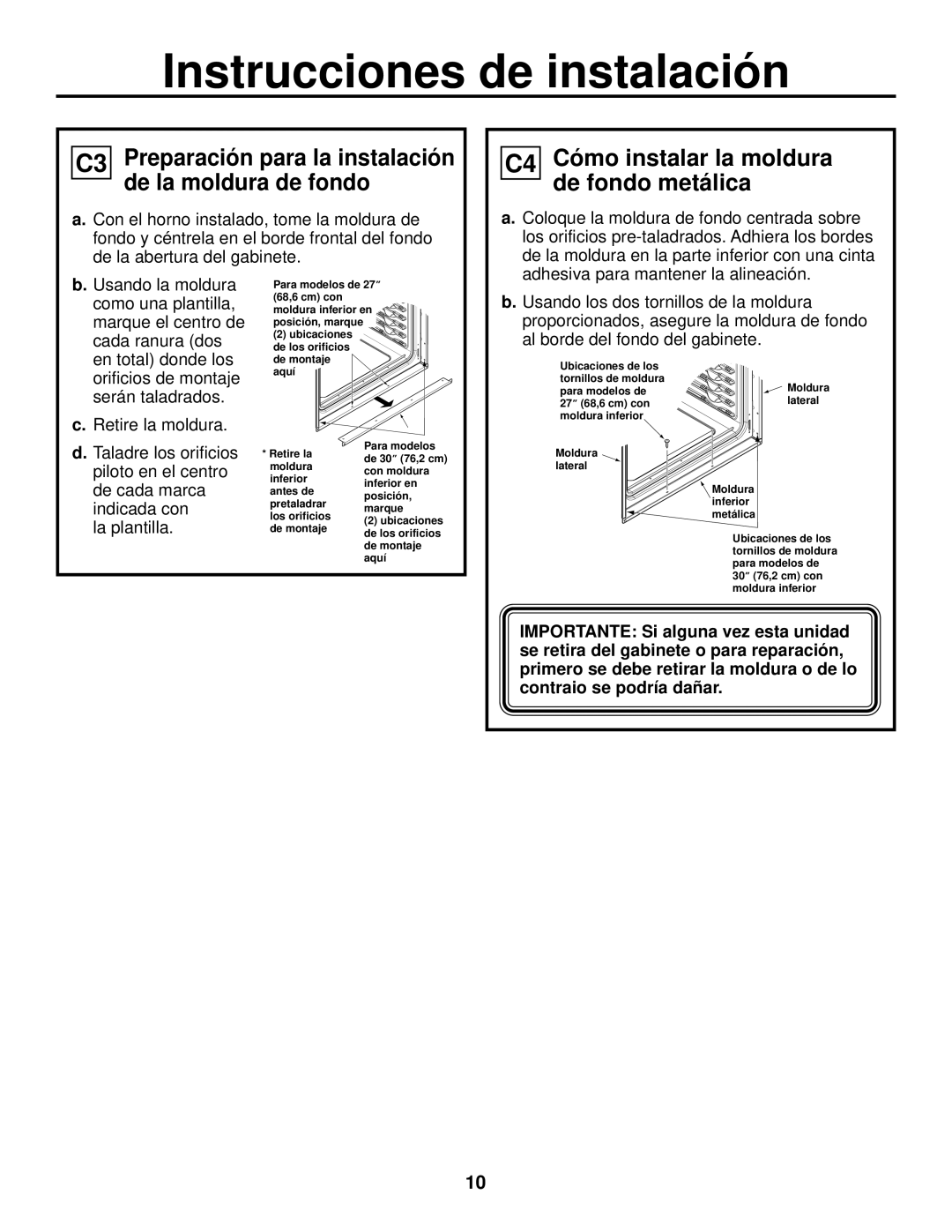 GE JKP90, JTP90 installation instructions C3 Preparación para la instalación de la moldura de fondo 