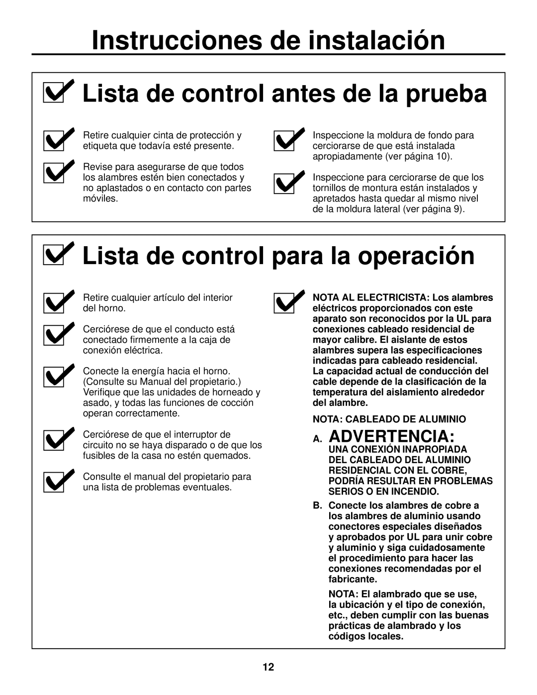 GE JKP90, JTP90 installation instructions Lista de control antes de la prueba, Lista de control para la operación 