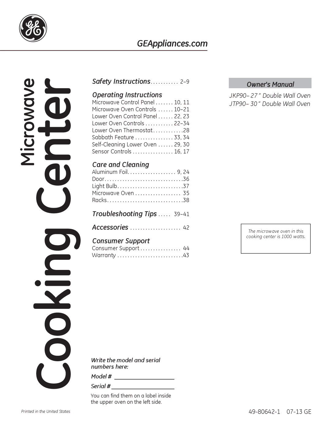 GE JTP90, JKP90 manual Cooking Center, Write the model and serial numbers here Model # Serial # 