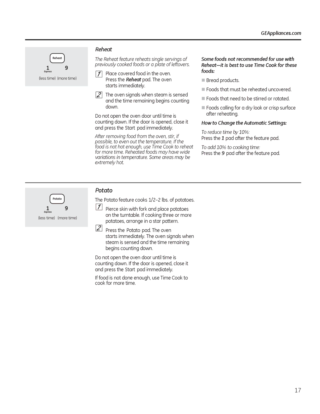 GE JTP90, JKP90 manual Potato, Reheat, Some foods not recommended for use with, How to Change the Automatic Settings 