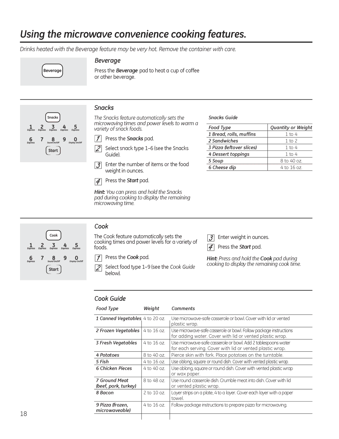 GE JKP90, JTP90 manual Using the microwave convenience cooking features, Beverage, Snacks, Cook Guide 