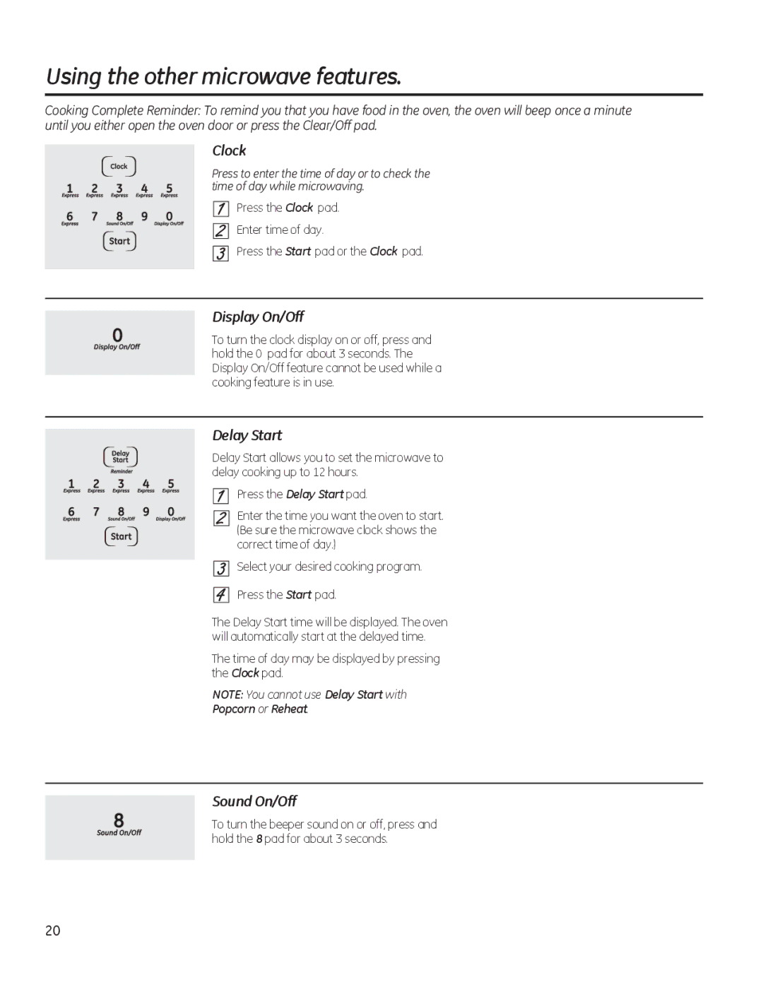 GE JKP90, JTP90 manual Using the other microwave features, Clock, Display On/Off, Delay Start, Sound On/Off 