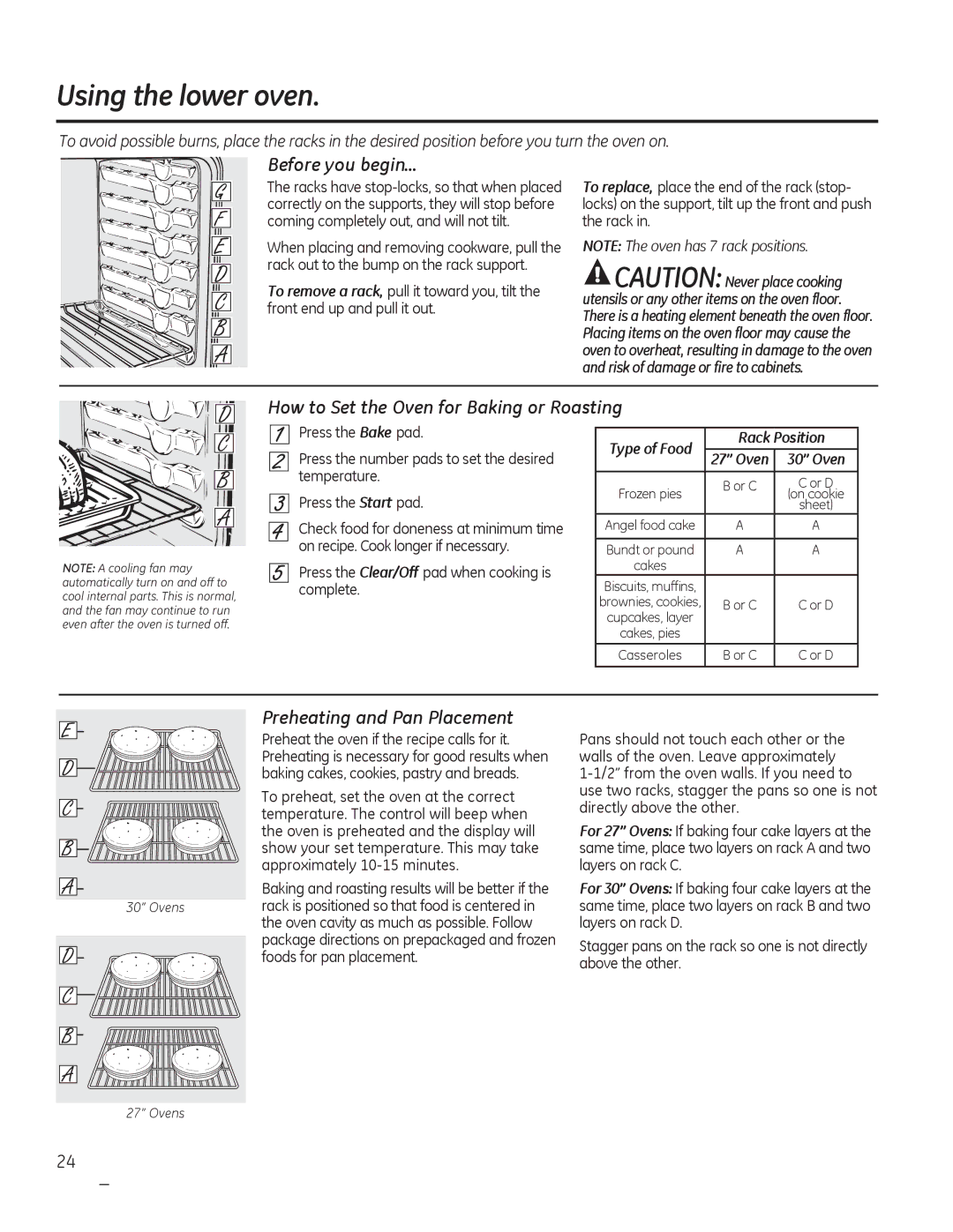 GE JKP90 Using the lower oven, Before you begin…, How to Set the Oven for Baking or Roasting, Preheating and Pan Placement 