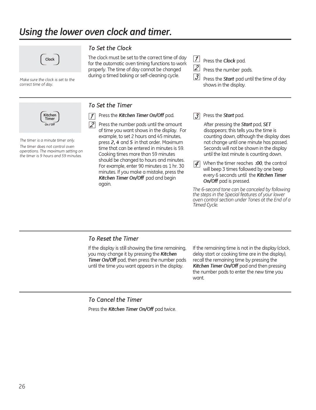 GE JKP90 Using the lower oven clock and timer, To Set the Clock, To Set the Timer, To Reset the Timer, To Cancel the Timer 