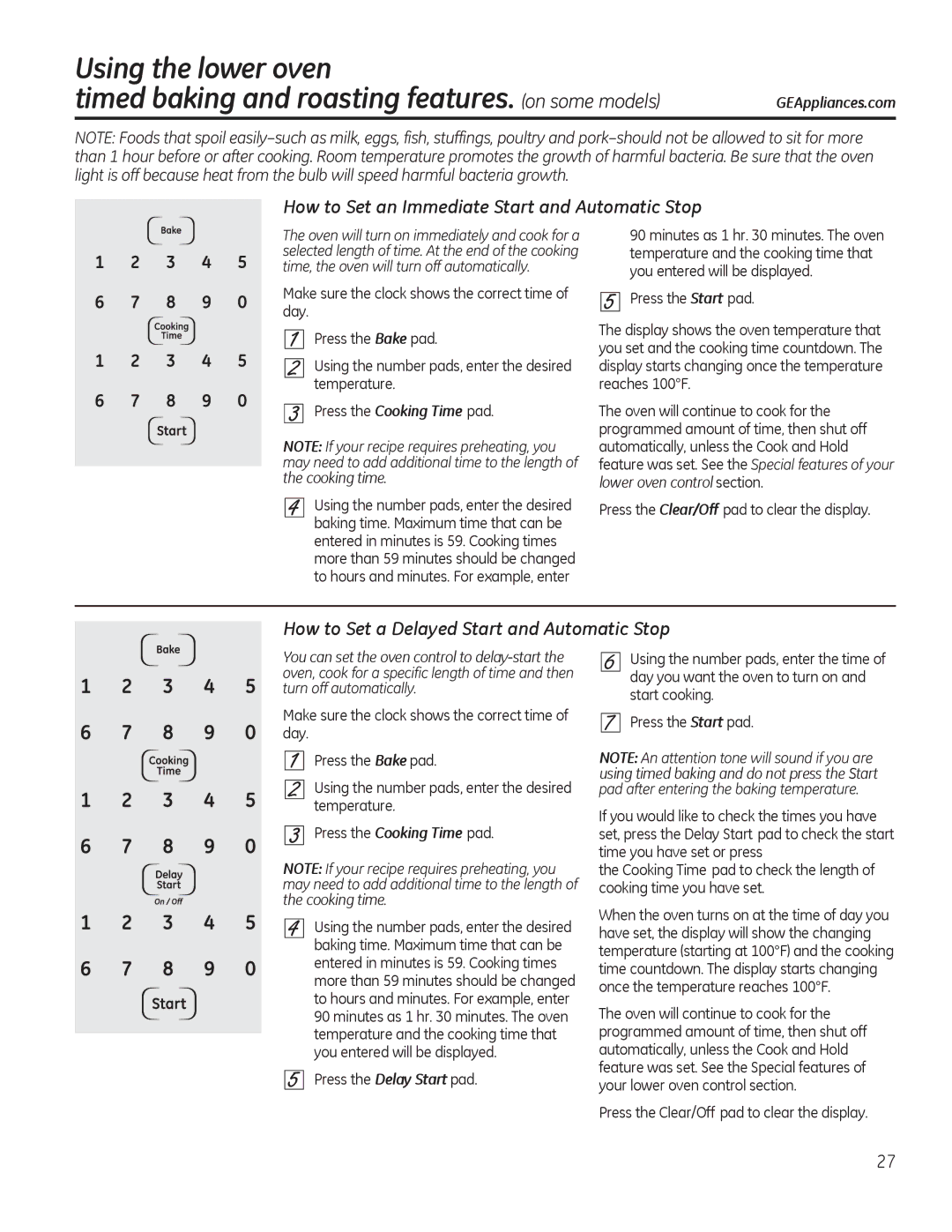 GE JTP90, JKP90 manual How to Set an Immediate Start and Automatic Stop, How to Set a Delayed Start and Automatic Stop 