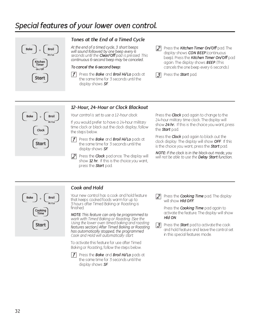 GE JKP90, JTP90 manual Cook and Hold, Tones at the End of a Timed Cycle, Hour, 24-Hour or Clock Blackout 