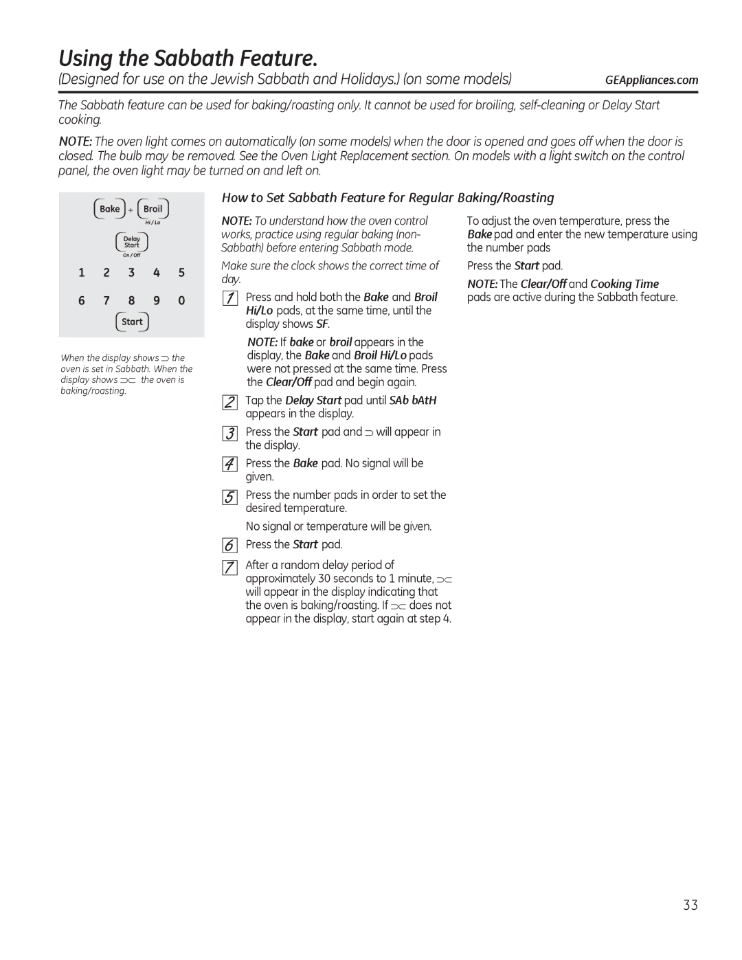 GE JTP90, JKP90 manual Using the Sabbath Feature, How to Set Sabbath Feature for Regular Baking/Roasting 